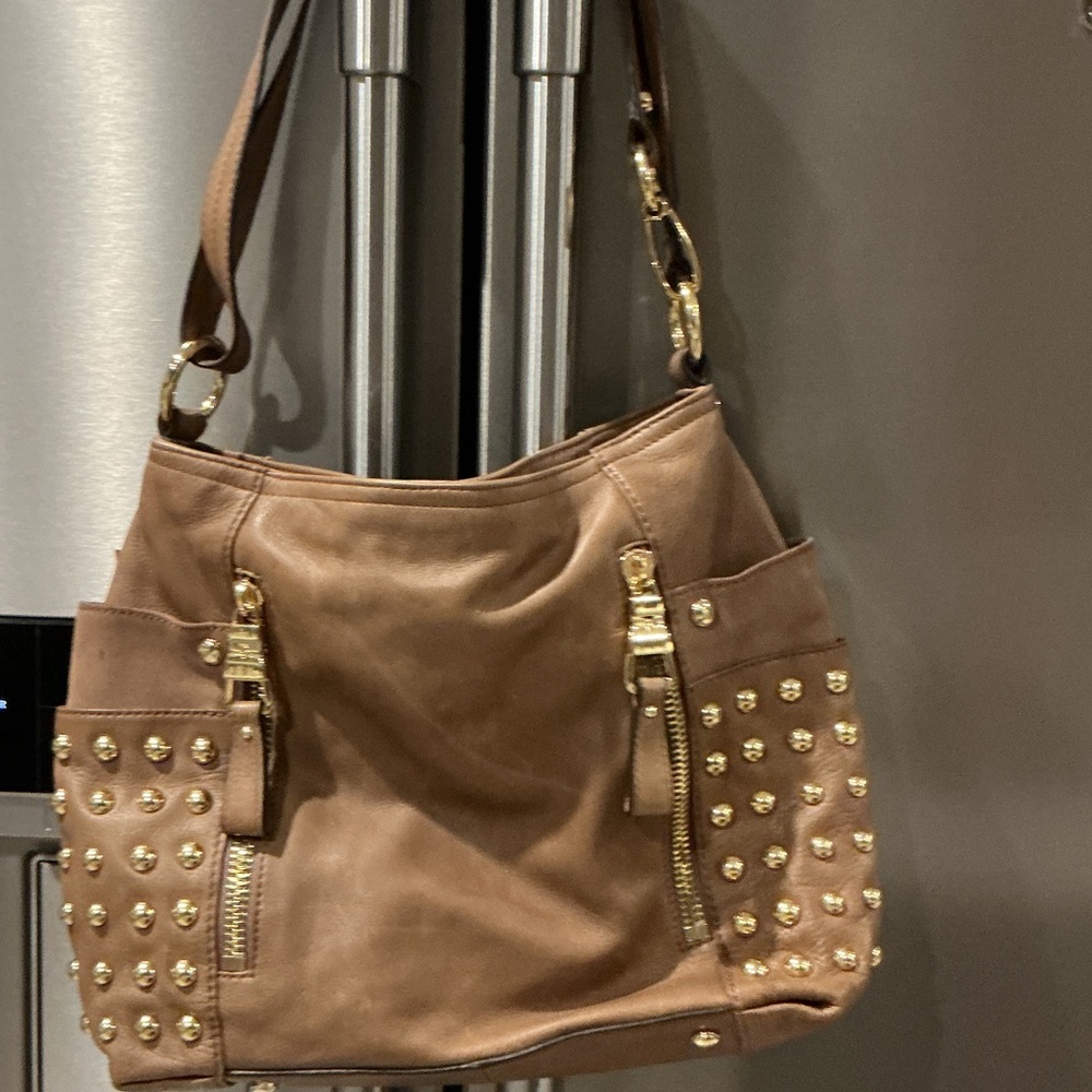 B. Makowsky Tan Leather Shoulder Bag with Gold Studs